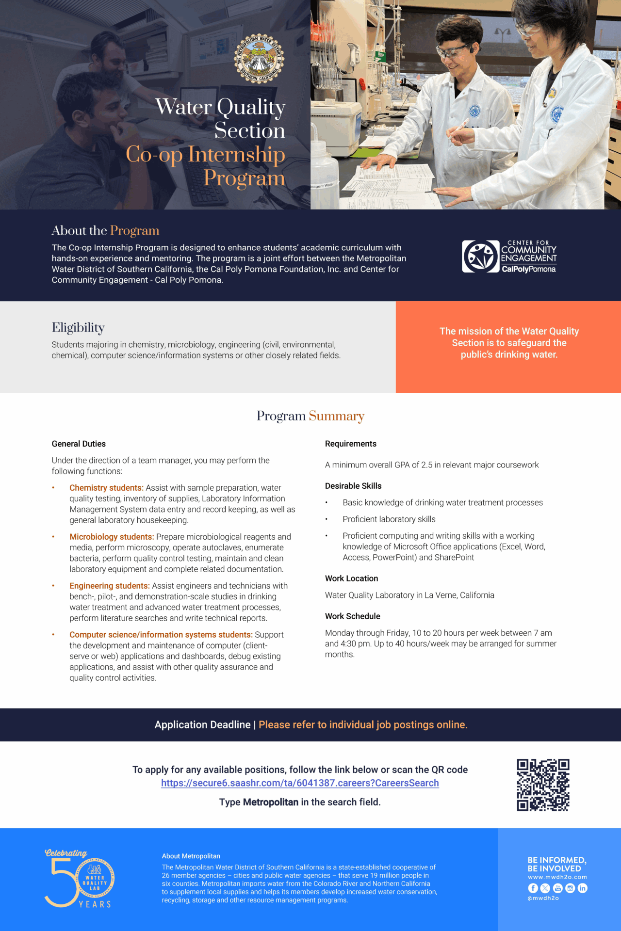 Featured image for “Water Quality Section Co-op Internship Program – Metropolitan Water District of SoCal x Cal Poly Pomona”